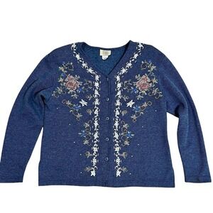 Vtg 80's Teddi Cross Stitch Embroidered Floral Button Cardigan